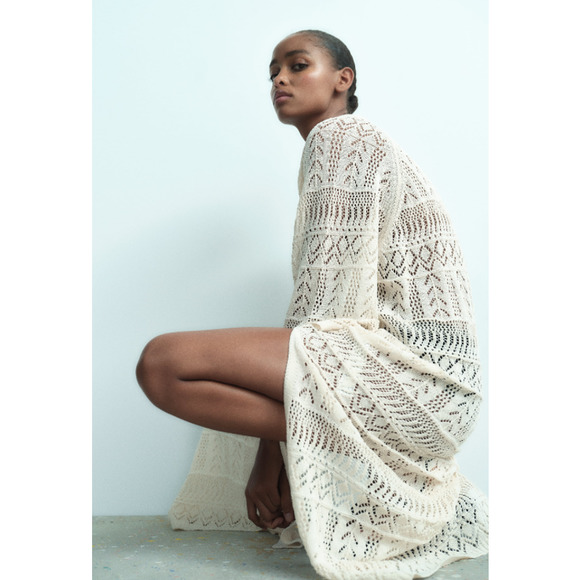 ZARA Crochet Maxi Dress Sheer Open Knit Long Sleeve Beach Cover Up Dress, Cream - Picture 4 of 14